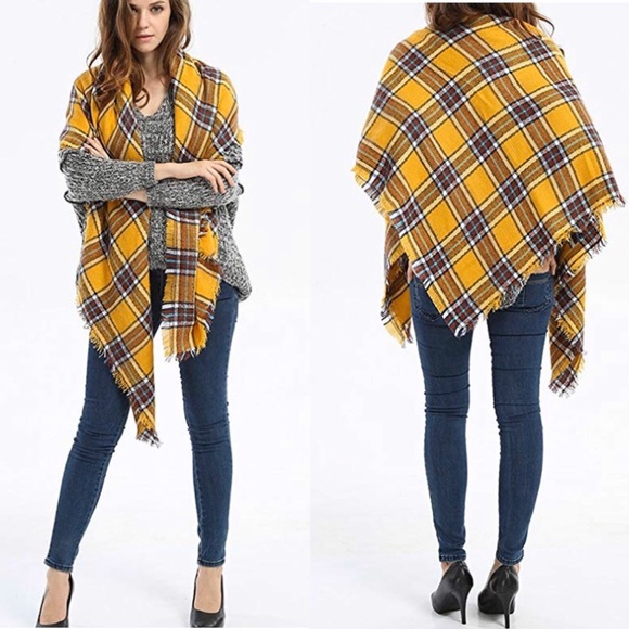 Large Tartan Plaid Blanket Scarf Yellow Brown - Picture 4 of 7